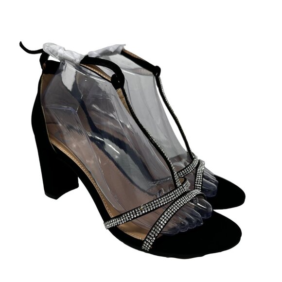 Black Rhinestone Ankle Strap Heels Size 8 Open Toe Clear PVC T-Strap - Picture 2 of 9